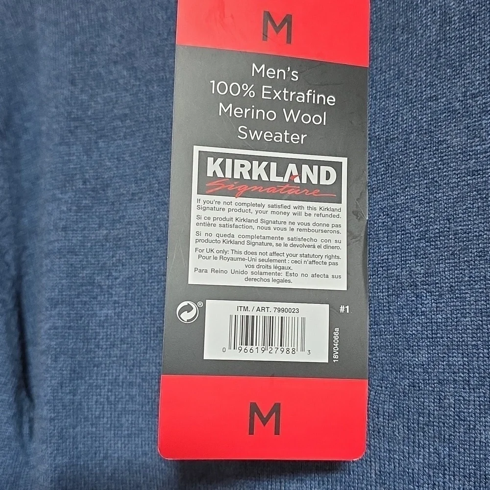 Kirkland Signature Blue Zip Up Mens Merino Wool Sweater. Size Medium. NWT.